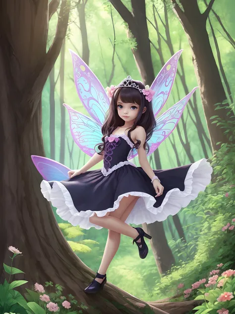 estilo preto e branco, livro de pintar, a pretty princess fairy girl , Flying in the forest, for coloring books,432703232beautiful fairies --auto --s2