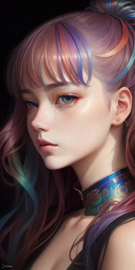 _james jean, floating female figure made of ribbons, smoke, in the sky, colorful and vibrant, mystical colors, contemporary impressionism, yanjun cheng portrait painting, iridescent painting, 3/4 perspective view, cute face, low angle, sweeping circling co...