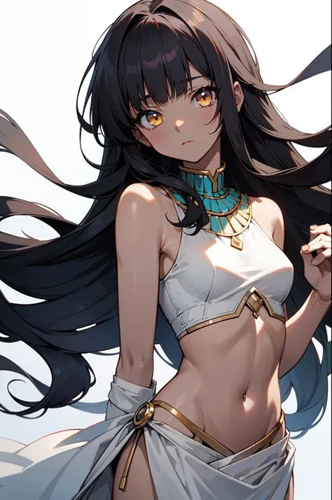 1girl, solo, teen, petite, (dark skin), black hair, medium long hair, hime cut, blunt bangs, long sidelocks, messy hair, straight hair, yellow eyes, glowing eyes, egyptian clothes, white top, navel, (pelvic courtain), old fashioned clothes, (small breasts)...