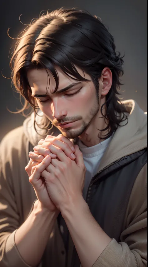 Create a high-definition image of just a mans face with his eyes closed, His hands intertwined in front of his face in deep prayer and with a dark background; 4k, super defined strokes