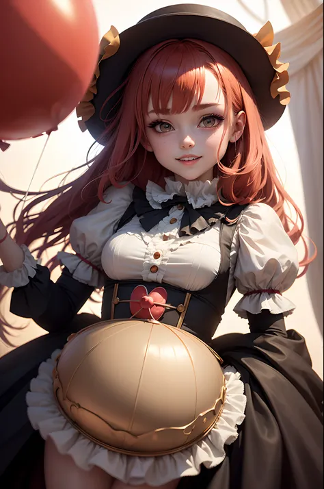 {{A captivating depiction of a mischievous 2D anime girl dressed as Pennywise}} with an alluring grin, holding a red balloon. This is a surrealism-inspired image that showcases her in a whimsical and otherworldly circus tent. The environment/background sho...