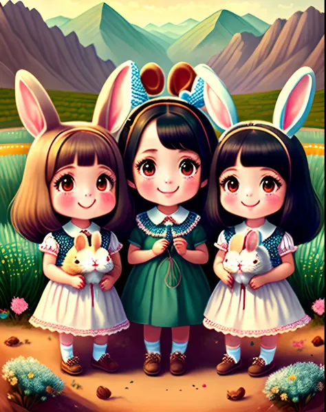 Three cheerful girls and 1 intelligent and cute rabbit in the valley of joy