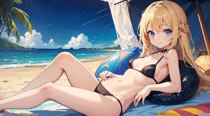 (((cute little loli))),(((5 years old girl))),(blonde),(blue eyes),(seductive),(smile),(medium breasts),(cleavage),(skinny),(black bikini),(beach),(night time)