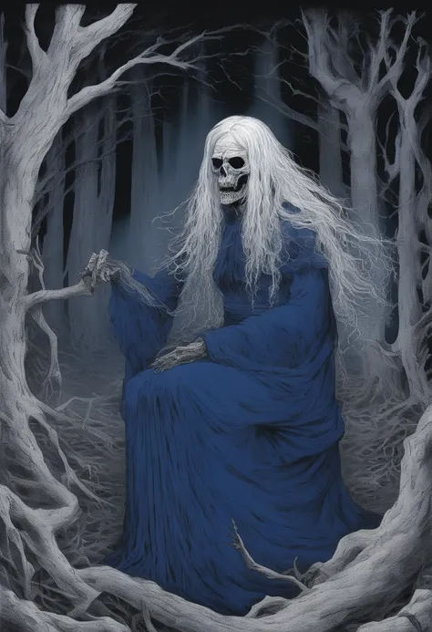 uma bruxa de 79 anos, with long white hair down to the feet, An evil laugh and royal blue clothes, com corvos em volta dela