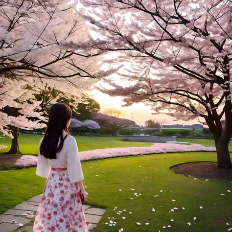 Japanese girl, holding umbrella, cherry blossom background, falling cherry blossom petals, sunset, standing in a park, floral dress, looking away from camera