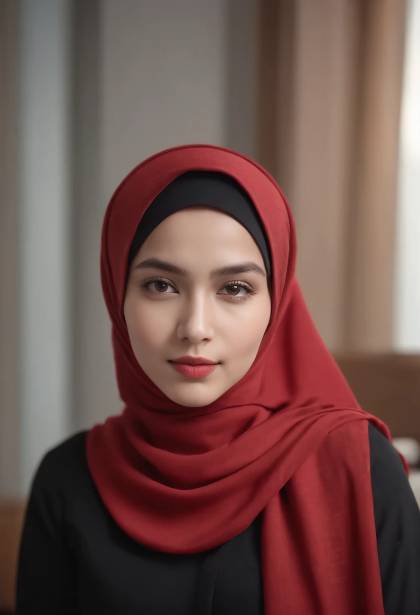 Photo portrait of a beautiful Bandung girl wearing a hijab and dimples, around 17 years old, (plain red hijab), (portrait medium shot:1.3), dramatic light, Rembrandt lighting scheme, (hyperrealism:1.2), (8K UHD: 1.2), ( photorealistic:1.2), shot with Canon...