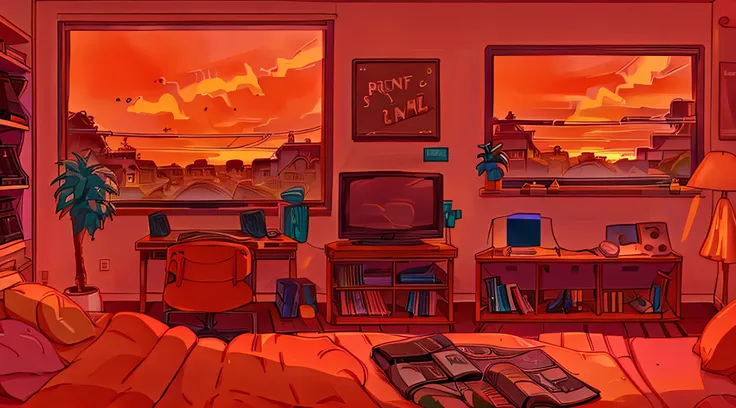 orange sky, bedroom, Lofi vibe, tv & videogames, guy