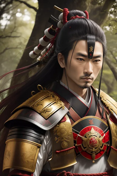 Capture the essence of a stoic and powerful samurai warrior in a realistic professional and marketing photoshoot. The samurai, adorned in vibrant armor, stands tall in a lush and serene Japanese garden. The soft sunlight filters through the trees, casting ...