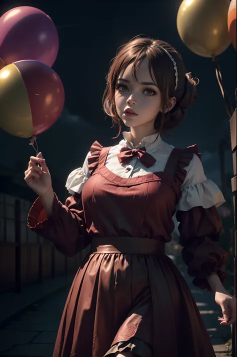 {{A captivating depiction of an anime girl with a Pennywise-inspired twist}} mientras baila juguetonamente en medio de una tormenta de globos rojos. Esta es una imagen caprichosamente siniestra que la muestra en un vibrante, Entorno de carnaval de otro mun...