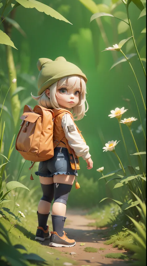 There is a poster with a cartoon character in a hat and backpack, female explorer mini cute girl, walking in the wilderness, flower jungle, animation style rendering, cute 3 D rendering, small characters. Unreal Engine 5, stylized anime, cute detailed digi...