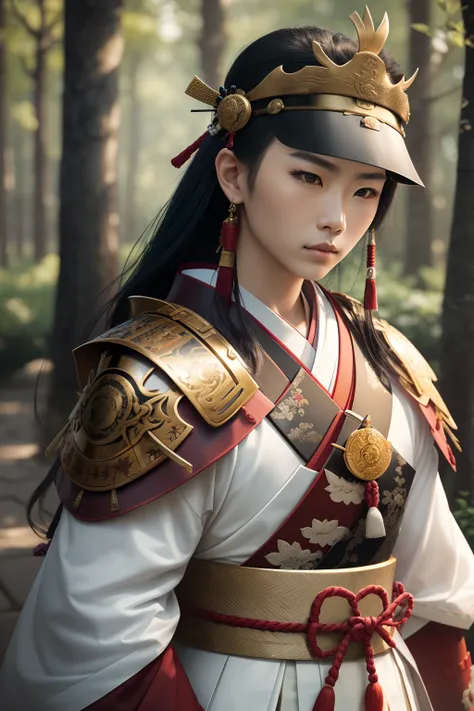 Capture the essence of a stoic and powerful samurai warrior in a realistic professional and marketing photoshoot. The samurai, adorned in vibrant armor, stands tall in a lush and serene Japanese garden. The soft sunlight filters through the trees, casting ...