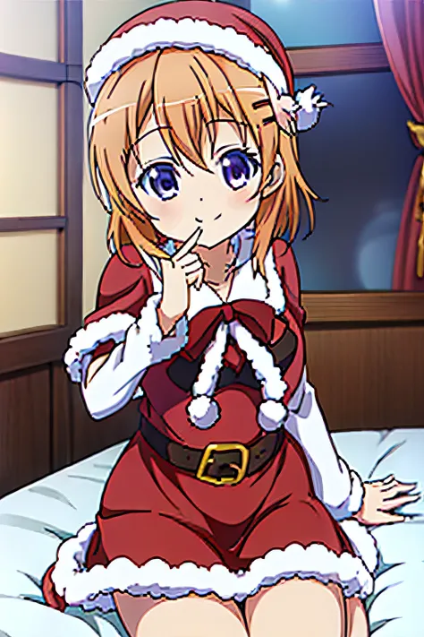 ((masutepiece)), ((Best Quality)), (Ultra-detailed), Anime style, on the bed, Cute little girl s, 1girl in, Solo, Santa Costume 00, ((Beautiful eyes)),  Smile