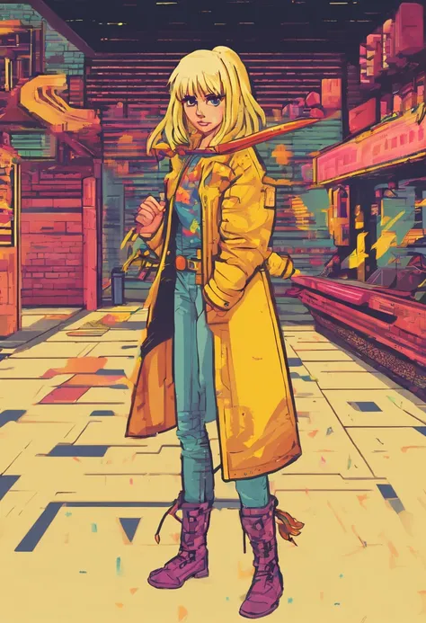 Girl with a big sword, straight bangs, long tails, light yellow hair, Clothing raincoat.