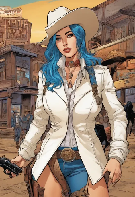 Action scene in a western movie, Alissa White-Gluz with blue hair, dressed in a white trench coat, blouse and cowboy hat walks in to a saloon with draw pistols ((pointed at the viewer)). Full body