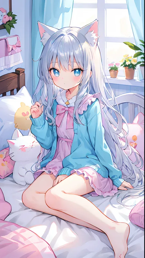 beautiful illustration、top-quality、Cute little girl s、bedroom、PastelColors、Fluffy cat ears、小柄、Silver long hair、Stuffed cat、Bright lighting、bright light blue eyes