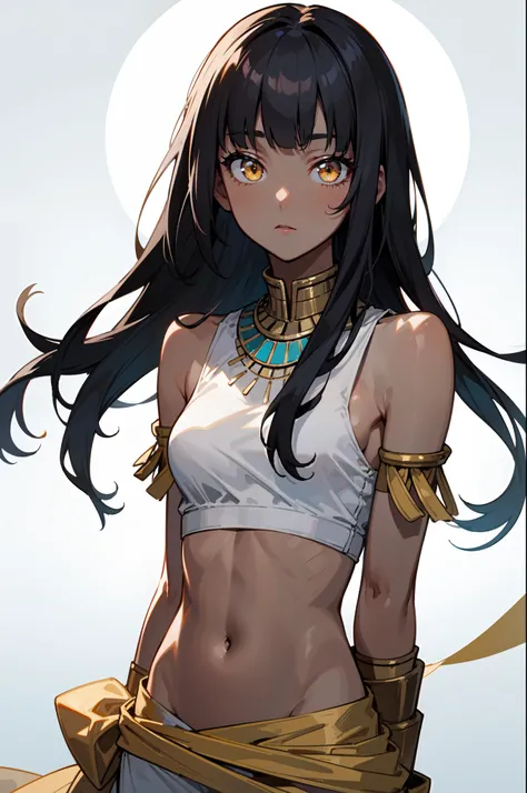 1girl, solo, teen, (dark skin), black hair, medium long hair, hime cut, blunt bangs, blunt sidelocks, messy hair, straight hair, yellow eyes, glowing eyes, egyptian clothes, white top, navel, (pelvic courtain), old fashioned clothes, (small breasts), inexp...