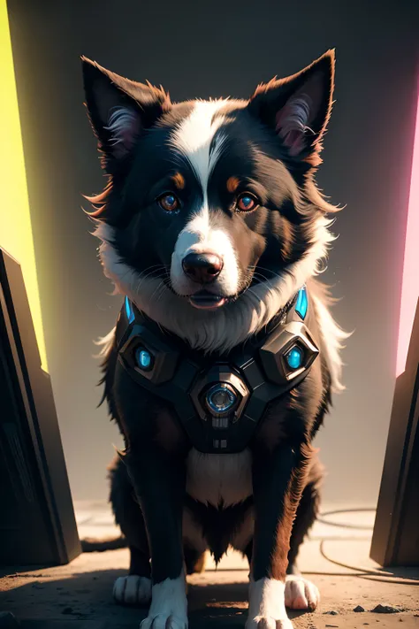 A beautiful portrait of a beautiful cyberpunk border collie dog, esquema de cores preto e vermelho, High key lighting, Light Volumetric, arte digital, altamente detalhado, detalhes finos, intrincado, ornamentado, complexo, octane rendering, motor irreal, f...