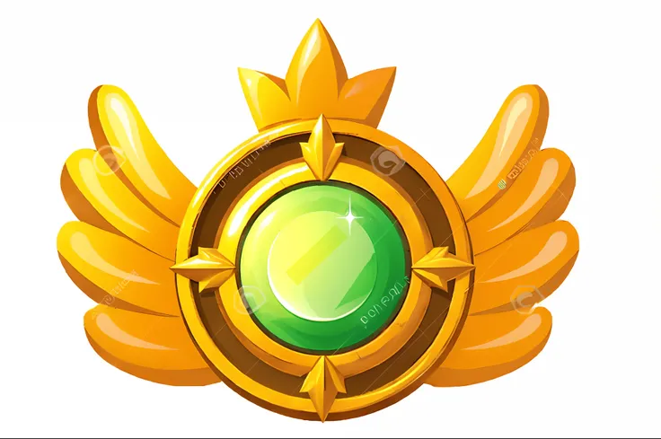 escudo dourado com gemas verdes e asas no fundo branco, Emblema da Sabedoria, emblema do escudo, Asas de Ouro, escudo de fantasia, Military Insignia, insignia, ancient symbol behind it, 3D Icon for mobile game, imperial symbol, O Selo da Fortuna, with an e...