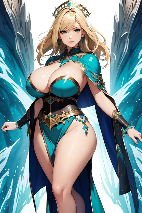 masterpiece, best quality, 1woman adult, older milf, solo, blonde hair, vibrant aqua eyes, medium hair with fringe, looking at viewer, cape, High quality metal texture, closed mouth, full body view, bangs, high collar,(kbxll:0.6), Fantasy aesthetics, fanta...