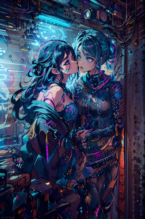 (kissing)2 girls, se beijando, amor, namoradas, noite, seios grandes, ornamento neon de cabelo, roupa cyberpunk, ao ar livre, heaven, chuva, luzes neon, beco, Metropolis, chuva, ombros nus, night  sky, sideboob, obi, roupas molhadas, franja, cabelo curto, ...