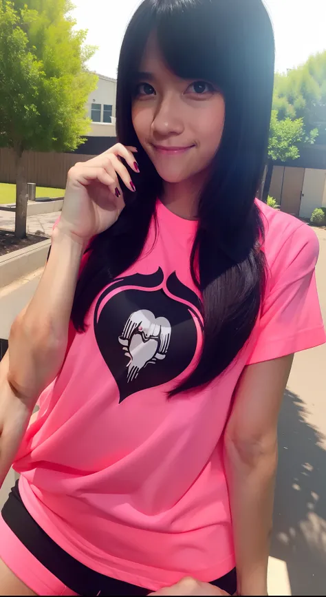 Tight t-shirt, hotpants, stylish, long black bangs hair, glare expression, little smile, staring intently, pink polish nails, outdoor, beautiful, masterpiece