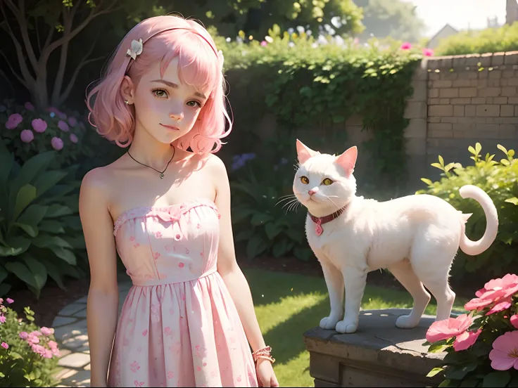 tween Emma Watson wearing a light pink floral patterned strapless playsuit in the garden stroking a light pink cat, small bust, small chest, cute smile, light pink hair accessories, light pink bracelet. light pink hair.