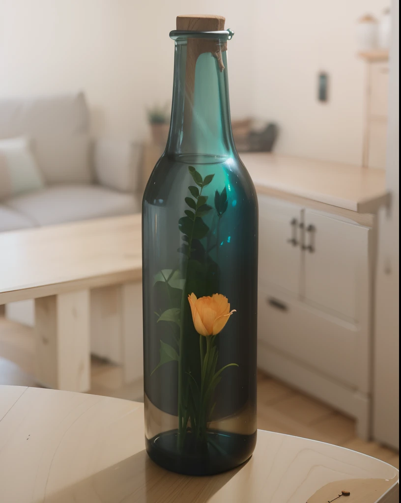 Glass bottle in the middle of a wooden table, Beautiful design of the room in the background