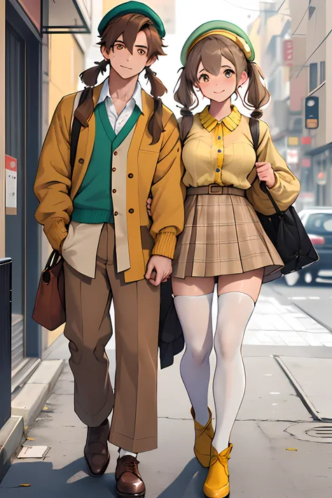 highest qualityr(Pareja masculinas y femeninas) Una pareja. Chica alta con piel Palida, wavy brown hair half up and half down with pigtails, Algunas pinzas para el pelo amarillas surtidas, A brown beret on the head, Under the beret a headband of large pomp...