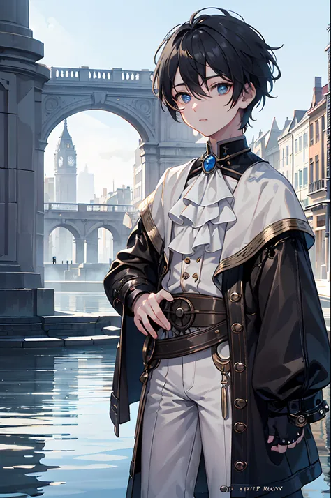 twinks　male people　City of Water　The fountain　steampunc　Pale sky　​masterpiece　Top image quality　Darken shading(light)　Clear　cinematic shadow　Increased attractiveness of the eyes　{Perfect face} 　Clear the shine of the eyes　Draw eyelashes neatly