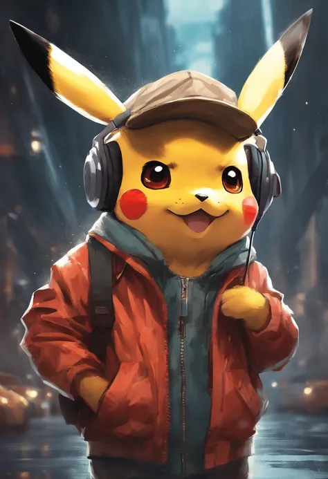 Perfect centering, Cute pikachu, Wear a student team jacket, Wearing sunglasses, Wearing headphones, cheerfulness, Standing position, Abstract beauty, Centered, Looking at the camera, Facing the camera, nearing perfection, Dynamic, Highly detailed, smooth,...