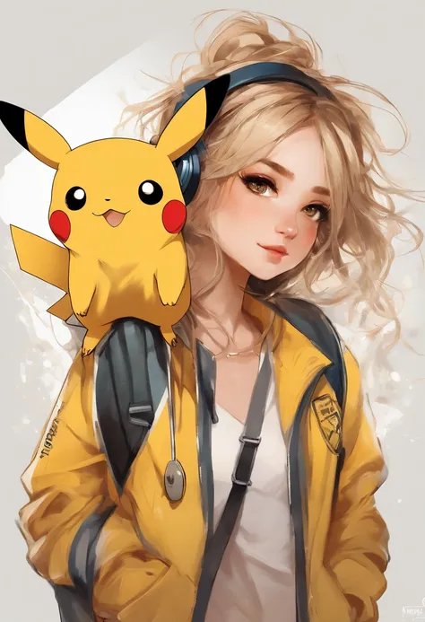 Perfect centering, Cute pikachu, Wear a student team jacket, Wearing sunglasses, Wearing headphones, cheerfulness, Standing position, Abstract beauty, Centered, Looking at the camera, Facing the camera, nearing perfection, Dynamic, Highly detailed, smooth,...