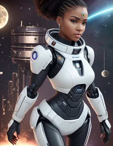 A black woman dressed in african designed clothes standing in an African designed futuristic space station on the moon, space station full of moving robots, androids, people, holograms, galaxy piercing light to the scene, shining beautifully, with iridesce...