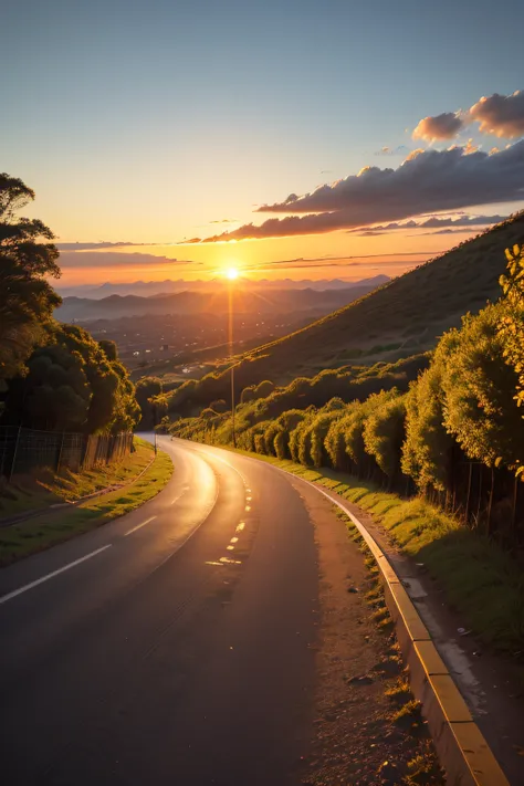 Uphill road leading to a golden sunset, simbolizando crescimento e sucesso