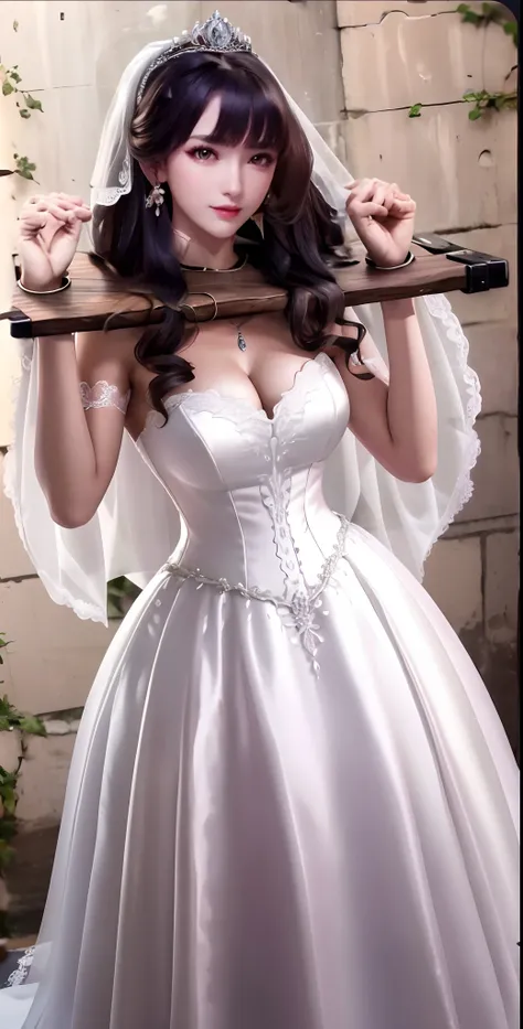 Close-up of a beautiful bride wearing a beautiful wedding dress, Gurwitz,（Pillory：1.5）, （flail：1.2）,  flail on the head, flail on the hands,full body photo,  whole body, (bridal veil: 1.5), (transparent short veil: 1.5), flushed face, head flower, tiara, V...