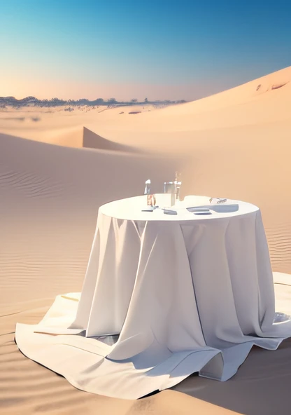 A table with white sheet in a desert with clear sand.": Create an image of a table covered by a white sheet , com , conveying a sense of peace and relaxation. Pegue a mesa inteira