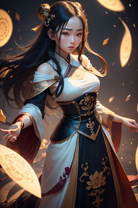 Female Hanfu，beautiful girl，young Taoist，with black hair，(best quality），（realistic，realistic photography：2.3），best quality，highly detailed，masterpiece，Hyperdetailing，illustratio，1Girl，full bodyesbian，standing movement，dynamic angle ，World Theater Masterpie...