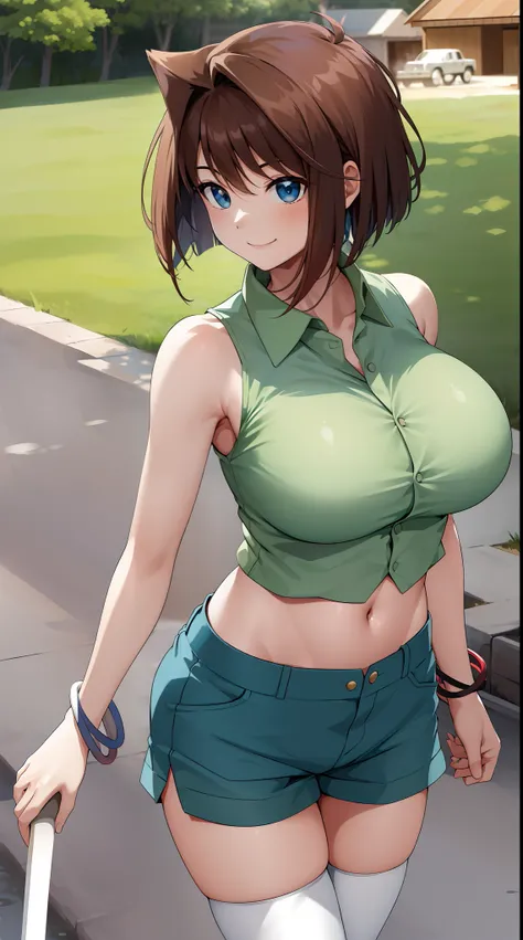 巨作, Best Quality, highres, Amazake, (Antenna hair:1.2), medium  breasts, Green shirt, sleeveless, bracelet, waistband, Blue Shorts, white thighhighs, cowboy shot, Standing, outdoors, smile, His hand on his hand, Huge breasts navel