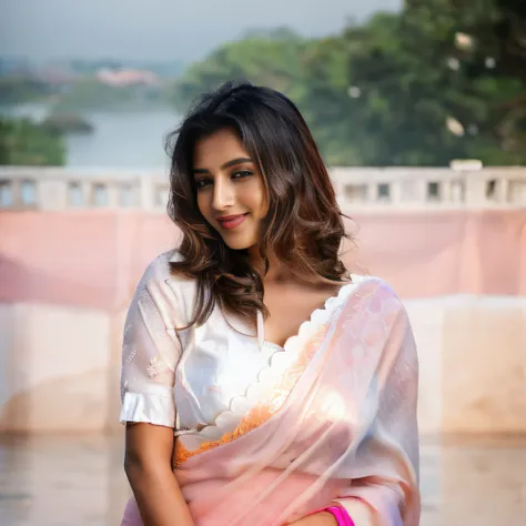 a srilanka female model 25yo in a white cotton sari posing for a picture, draped in fleshy off white and pink, with lovely look,...