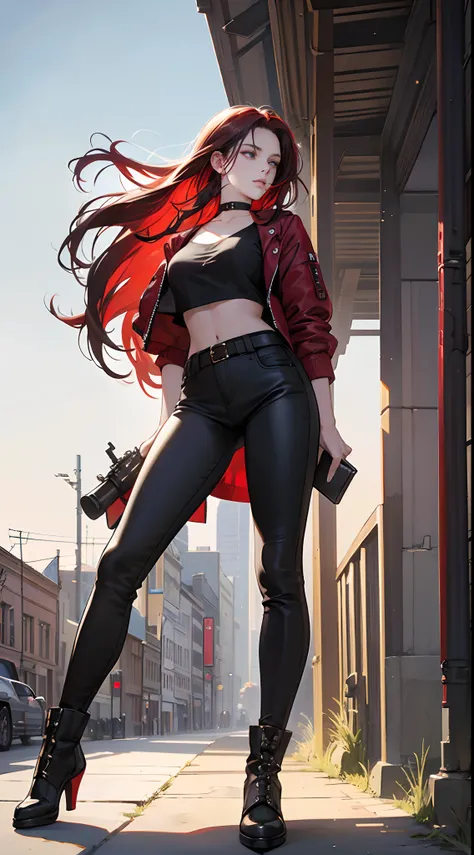 (Best Quality,4K,High resolution), 18yo woman, Red mesh hair on black hair, Long hair, Straight hair, Cool Woman, Cold eyes,sharp eye , Intricately drawn, Realistic portrayal，Best Quality,4K,hight resolution), An 18-year-old woman，Red mesh hair on black ha...