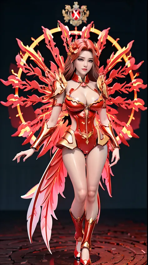 FIRE PHOENIX, (DRAGON HEAD), HUGE BOOBS, FIRE MECHA ARMOR FULL SUIT, (CLEAVAGE), (A PAIR LARGEST PHOENIX WINGS), TRANSPARANT, TALL LEGS, STANDING, SEXY BODY, MUSCLE ABS.