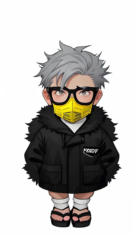 young asian man with white grey hair, BLACK fur coat with white grey buttons, dark grey rimmed glasses, face mask, white socks with black flip flop sandals, standing position, transparent background