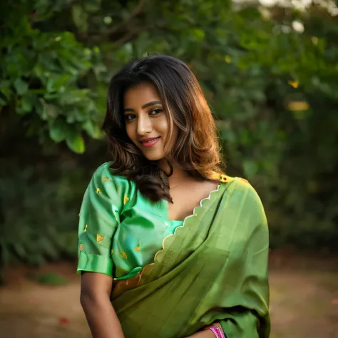 a woman in a green cotton sari posing for a picture, draped in fleshy green and pink, with lovely look, stylish pose, mid shot portrait,  shot on 1 5 0 mm, * out door background *, realistic photograph, traditional beauty, with a seductive smile, photo hd,...