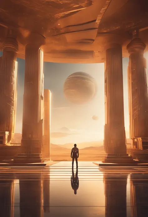 A Photograph of a spaceport manned by majestic Greek gods in a temple, captured in a realistic professional and marketing photoshoot. Rich golden hues and dramatic lighting heighten the aura of divinity, emanating power and reverence.