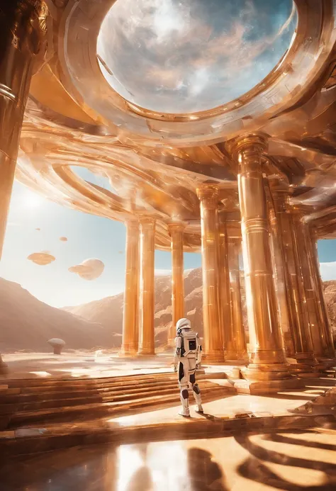 A Photograph of a spaceport manned by majestic Greek gods in a temple, captured in a realistic professional and marketing photoshoot. Rich golden hues and dramatic lighting heighten the aura of divinity, emanating power and reverence.