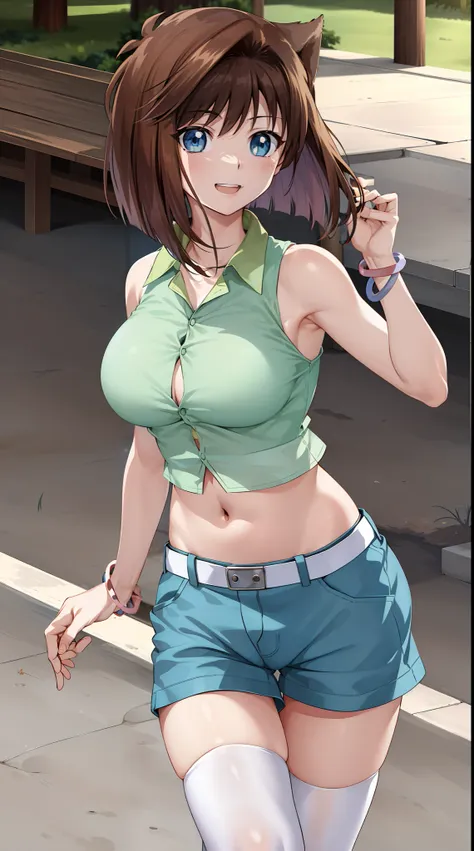 巨作, best quality, highres, amazake, (antenna hair:1.2), medium  breasts, green shirt, sleeveless, bracelet, waistband, blue shor...