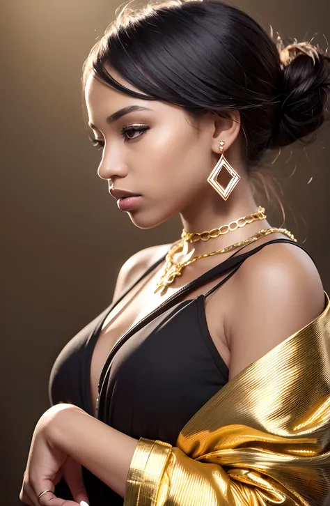 a black woman in profile, with tied up hair, shiny gold makeup, with a long gold necklace and earring, with soft lighting on a black background 4k --auto --s2