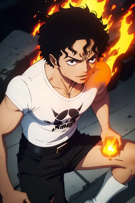 1boy, happy, black short curly hair like michael jackson, flame power, white shirt with no symbols,, black boots, one piece style, has a cool crew, good looking guy