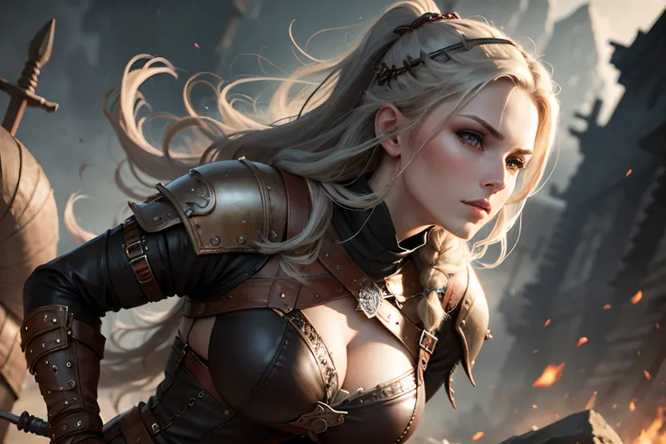 very beautiful woman, viking warrior, ultra realistic, leather outfit.