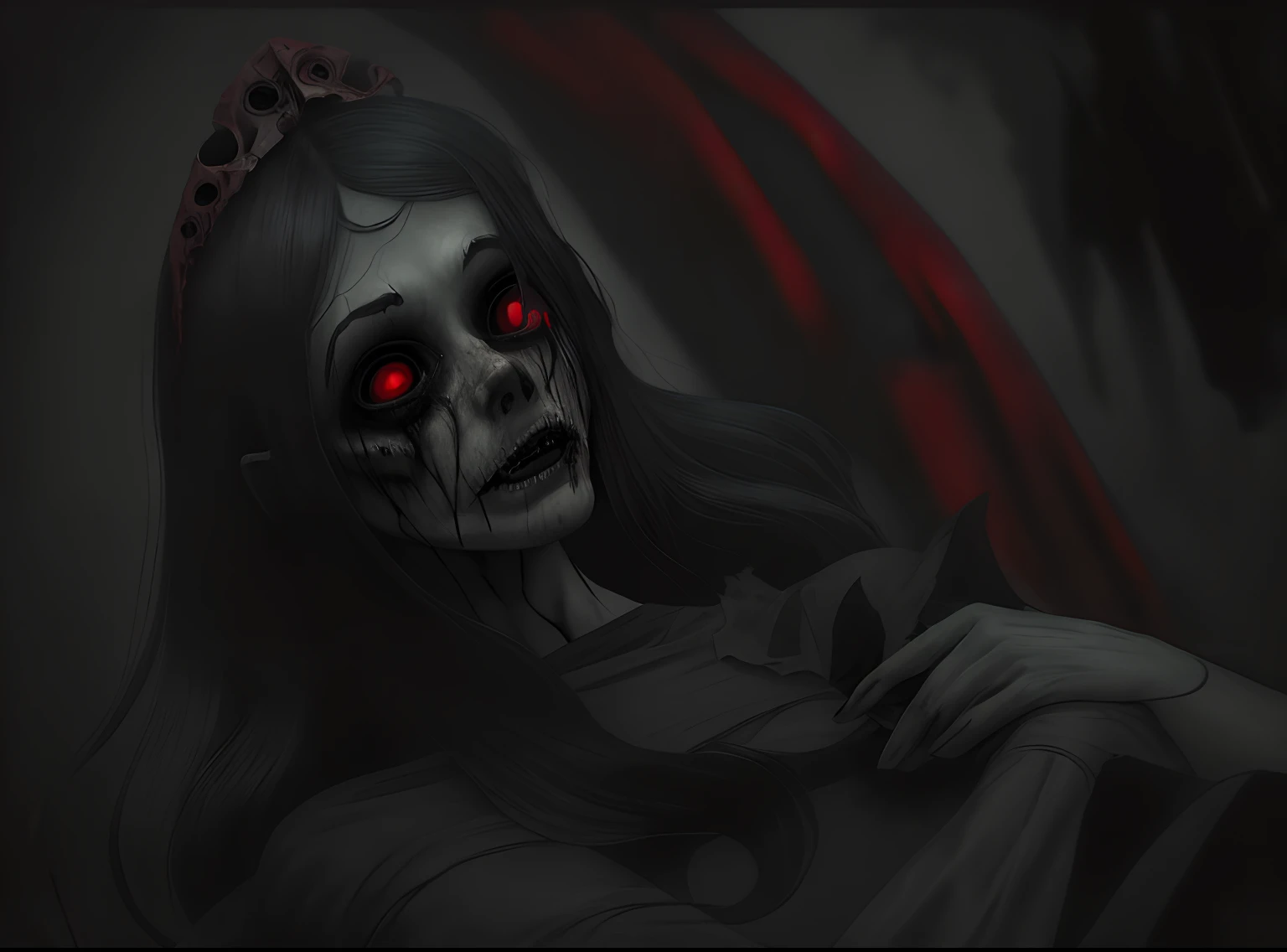 (realistic horror,high quality:1.2),evil looking girl with bloodshot eyes and long black hair,decaying corpse-like skin,holding a withered flower in her hand,dark and eerie atmosphere,dimly lit background,horrifying shadows,hauntingly vivid colors,unnervin...