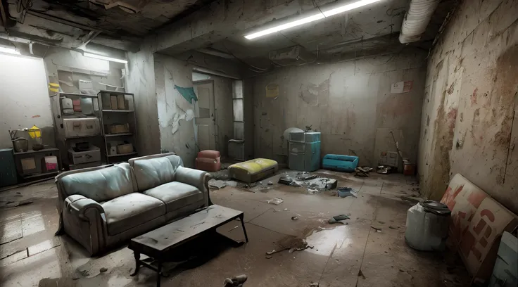 there is a couch and a table in a dirty room, post apocalyptic room interior, photorealistic dark concept art, realistic unreal engine 3 d game, cyberpunk basement, unreal engine 3 d render, photorealistic room, ultra realistic concept art, rendered in unr...